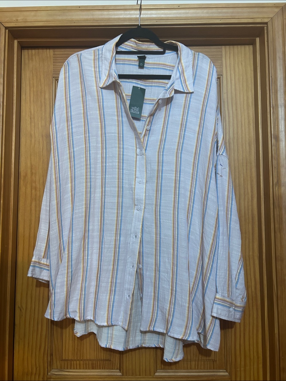 Men's Lightweight Striped Button-Up Shirt - White with Blue & Tan Stripes